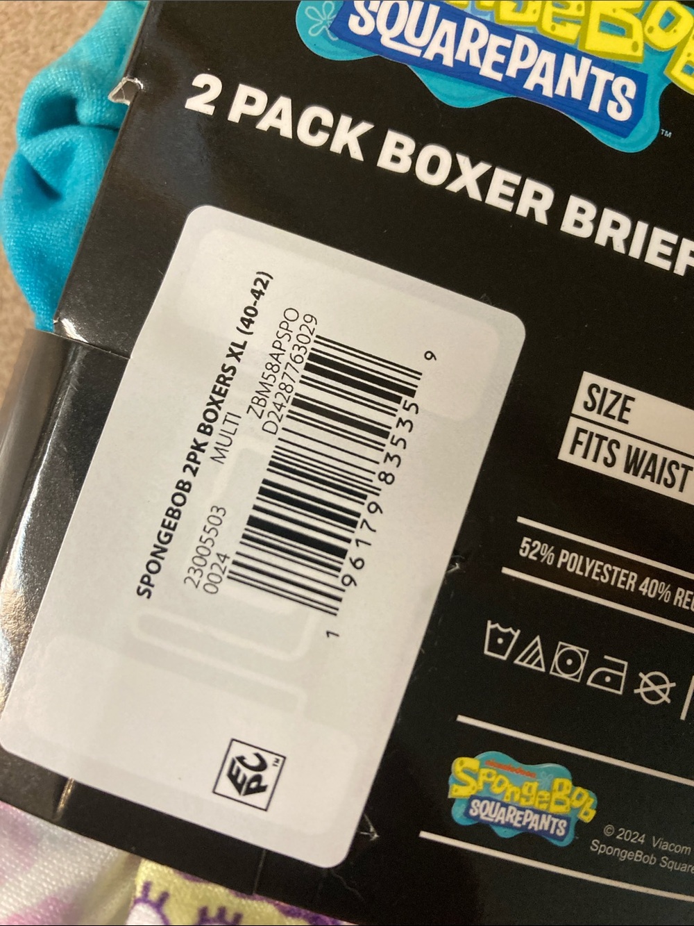 SpongeBob Squarepants Turquoise Boxer Briefs 2-Pack - Picture 2 of 5